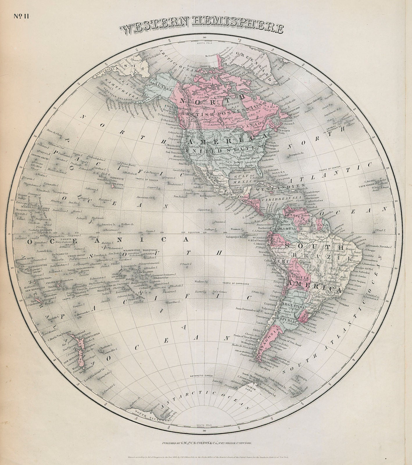 Western Hemisphere. Americas & Pacific. Decorative antique map. COLTON 1869